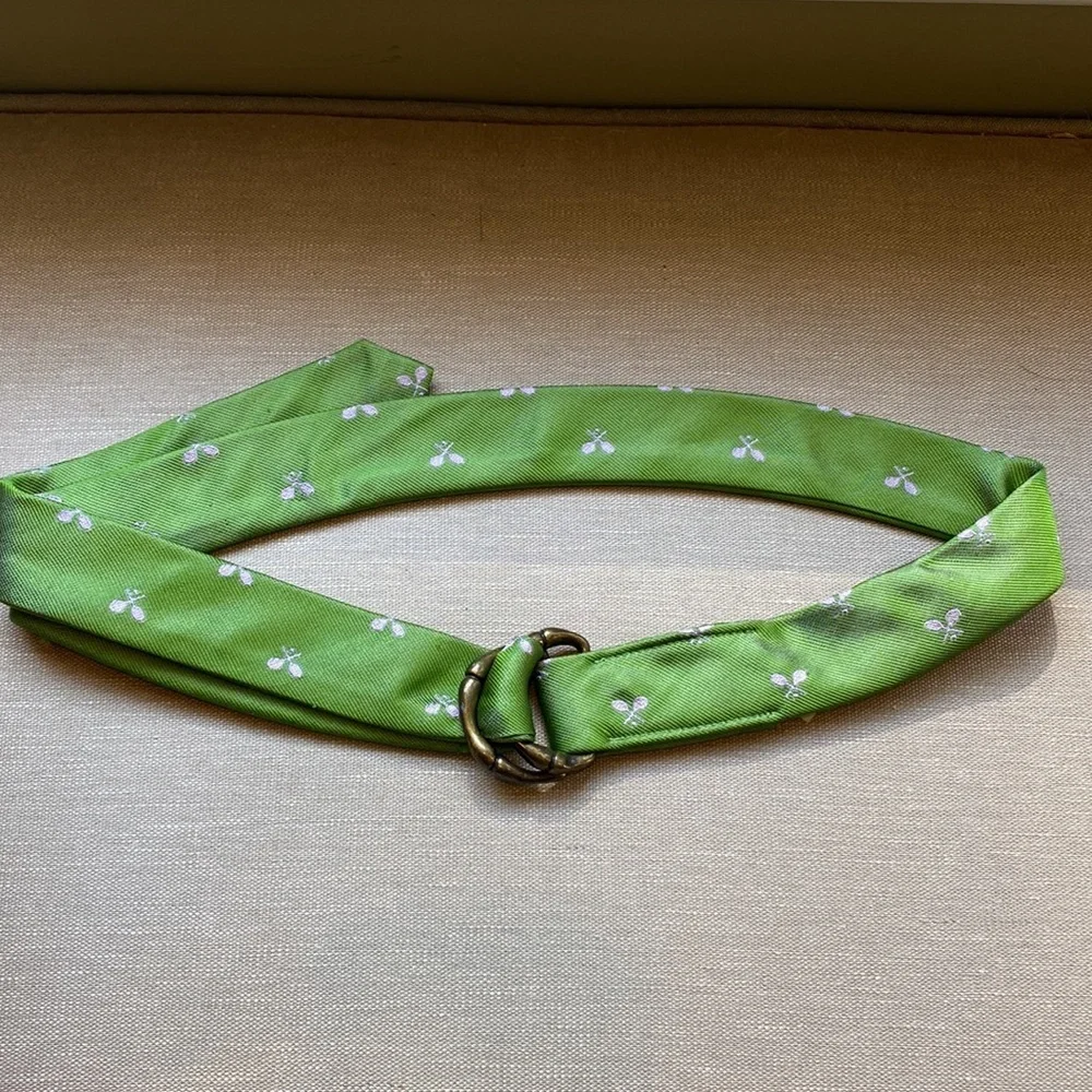 Embroidered Pink Tennis Racquets on Green Silk Belt J Crew - Picture 1 of 5